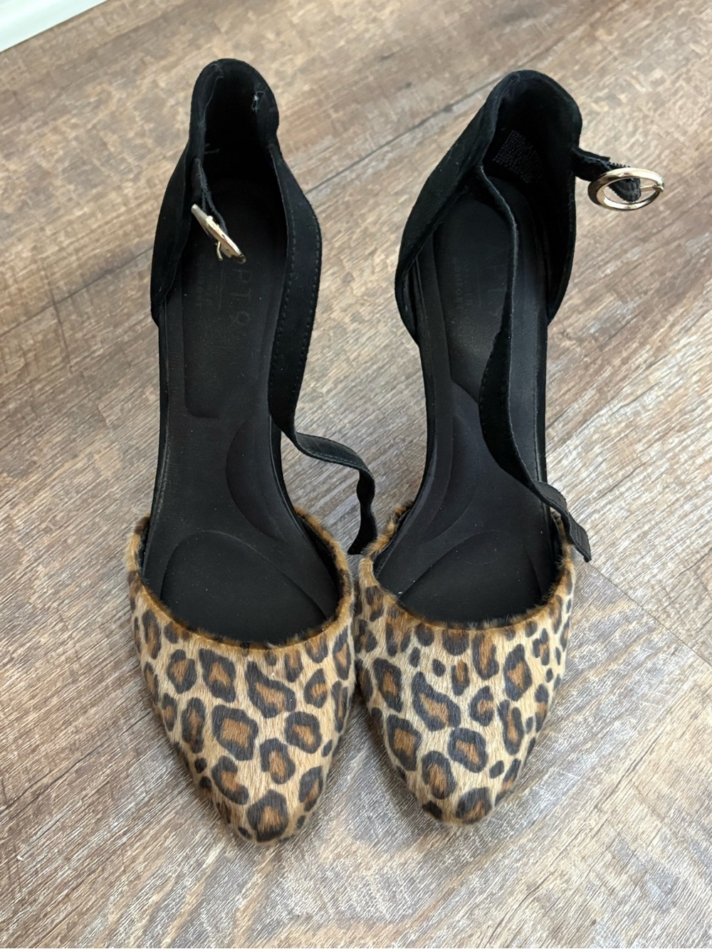 Leopard Print Pointed Heels with Black Ankle Strap - Leopard & Black
